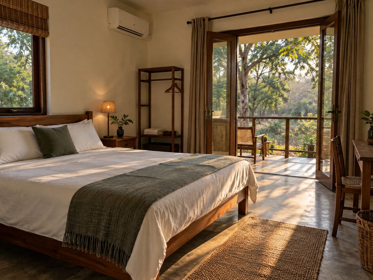 Air-conditioned bedroom with white bedding, a balcony door onto a dry-zone garden, late-afternoon gold light