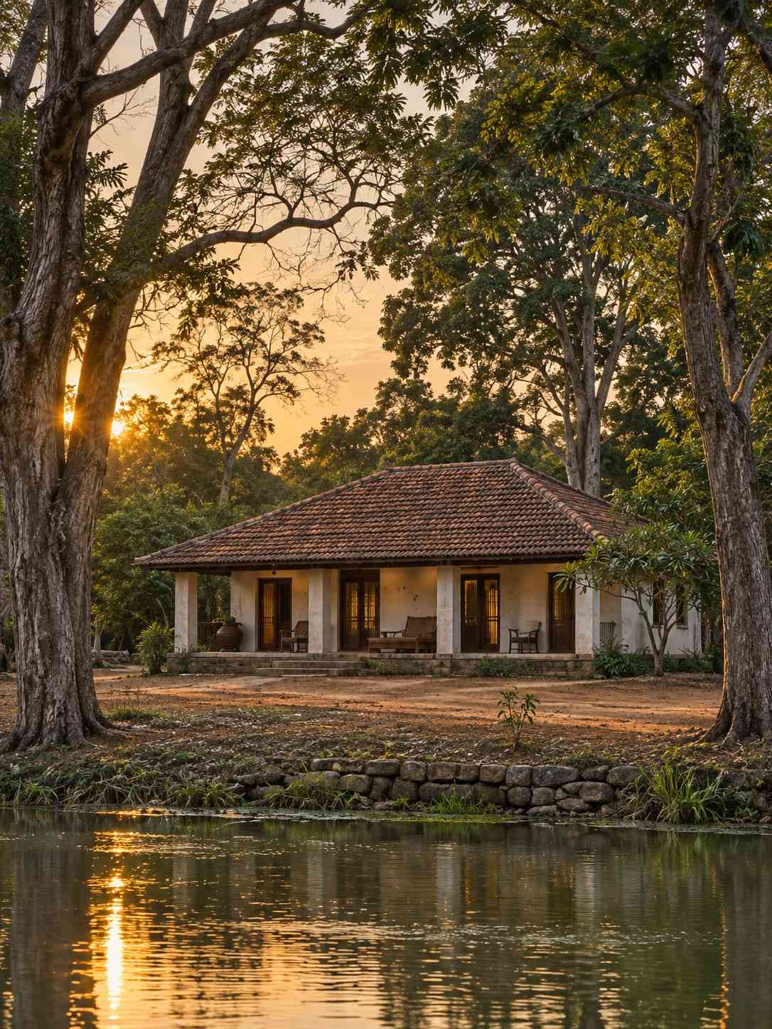 Small garden guest house at dusk, dry-zone trees, a glimpse of still tank water, golden light