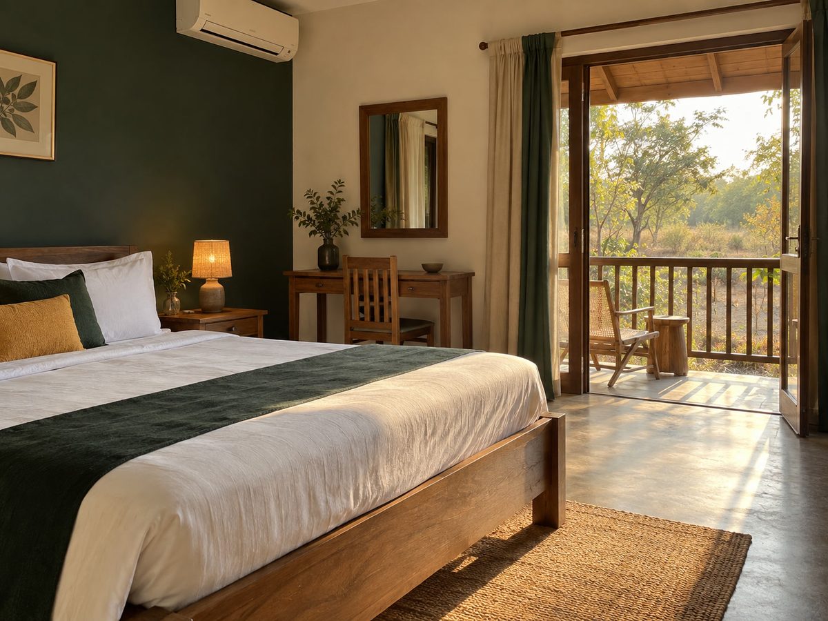 Air-conditioned bedroom with white bedding and a balcony onto a dusty-green garden