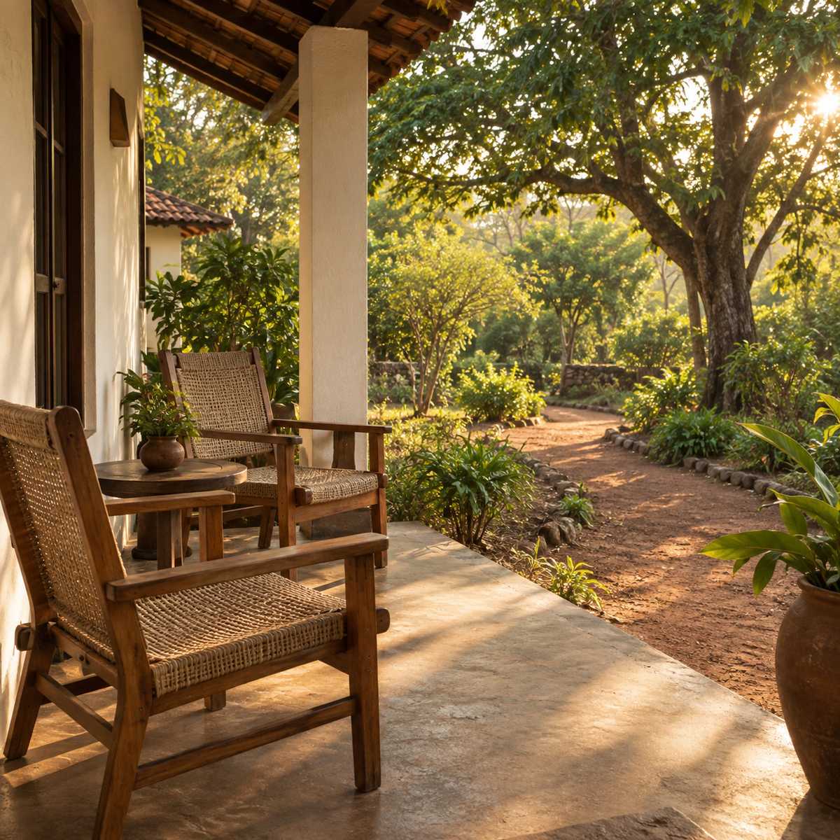 Covered terrace with wooden chairs facing a laterite garden path