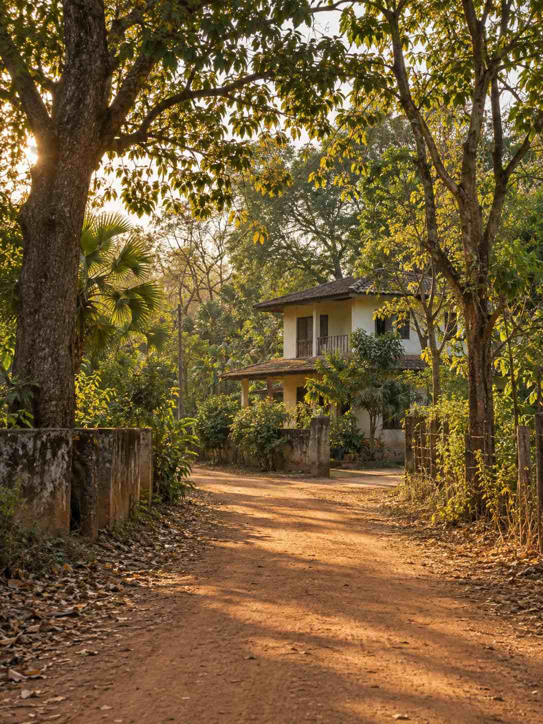 Laterite lane in Kaduruwela with a modest two-storey house, late-afternoon gold
