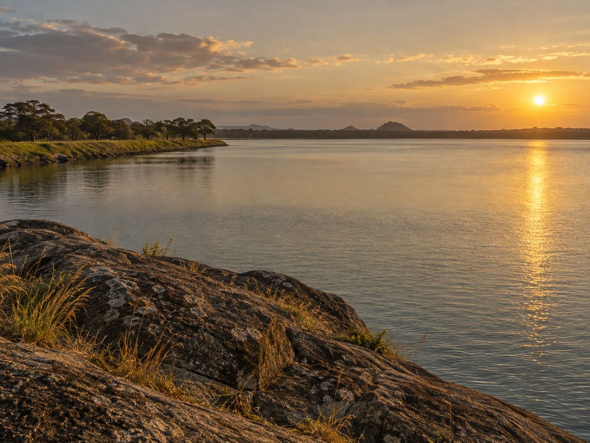Parakrama Samudra-like tank at golden hour, granite outcrop, no lettering, empty bund