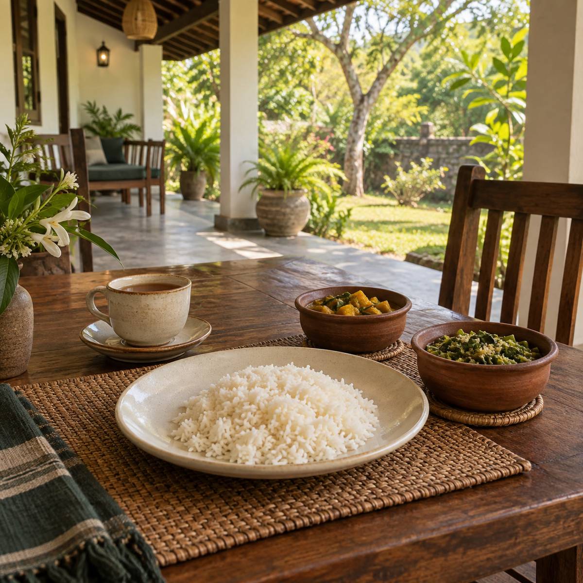 Simple breakfast of rice, curry and tea on a terrace table in dry-zone morning light