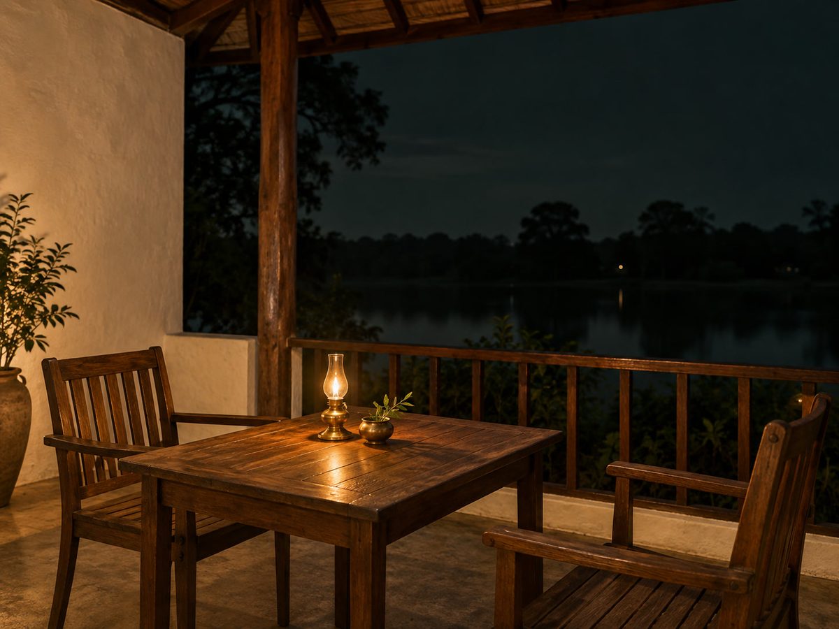 Night: brass-gold lamp on a terrace table, tank air, no people